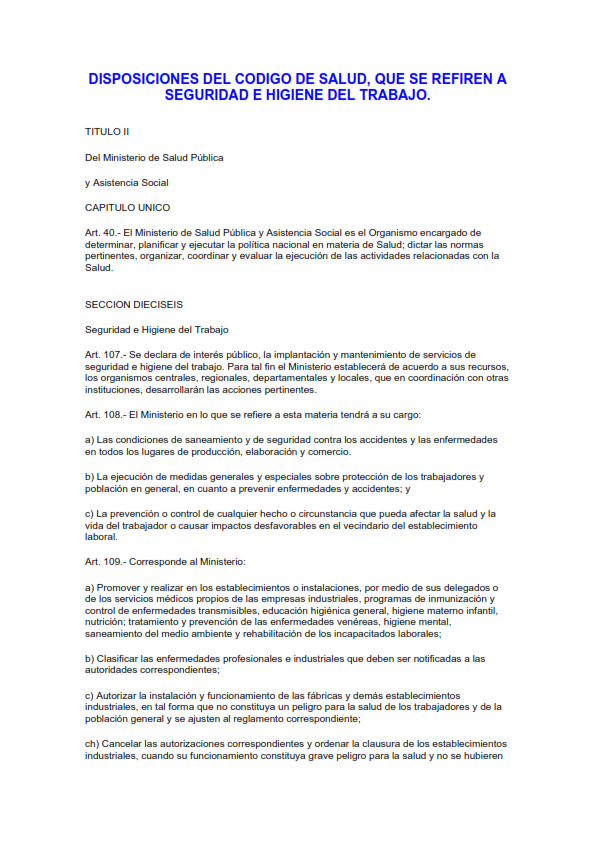 Lee más sobre el artículo Disposiciones del código de salud, que se refieren a seguridad e higiene del trabajo.